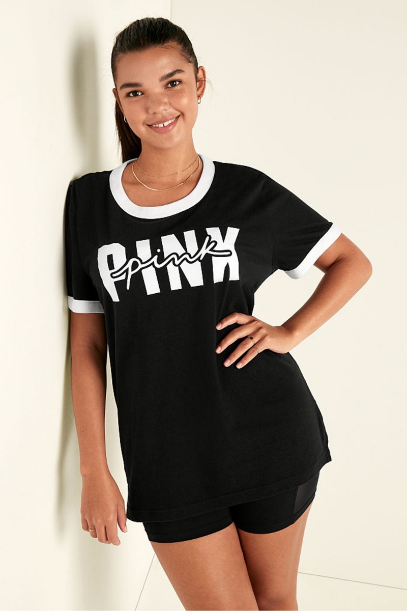 Victoria\'s Secret Bavlnene Kratke Sleeve Campus Ringer T-Shirt Čierne | SK-6071SIT