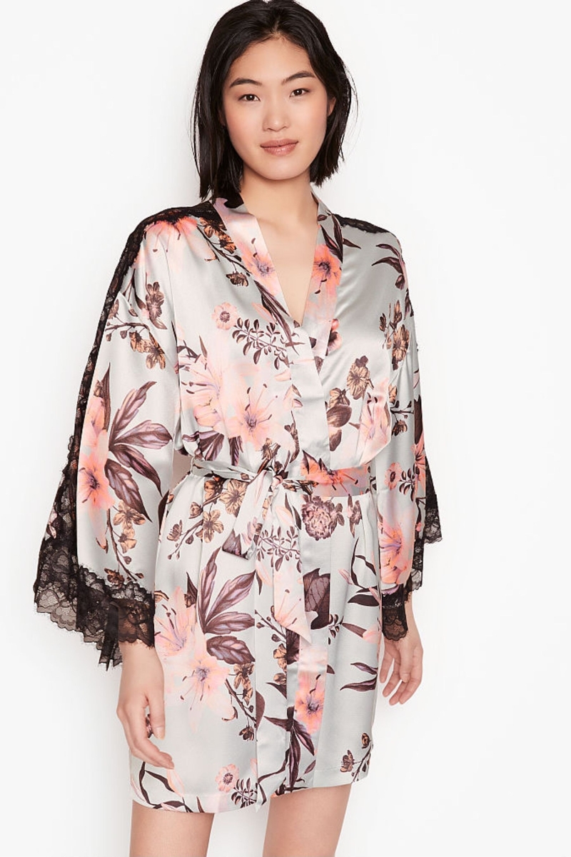 Victoria\'s Secret Cipkovane Inset Kimono Robe Čierne | SK-1546GHI