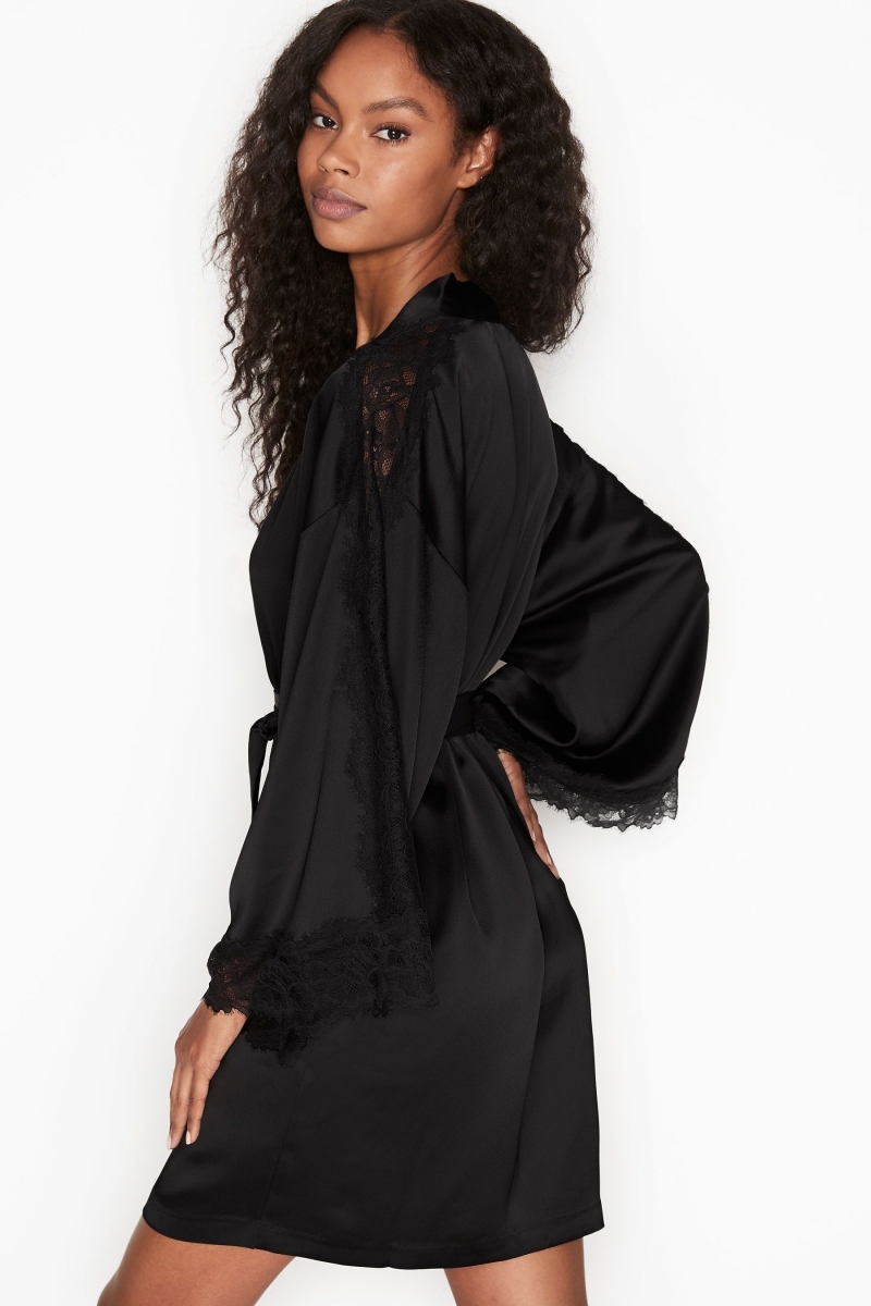 Victoria's Secret Cipkovane Inset Kimono Robe Čierne | SK-7306CLR