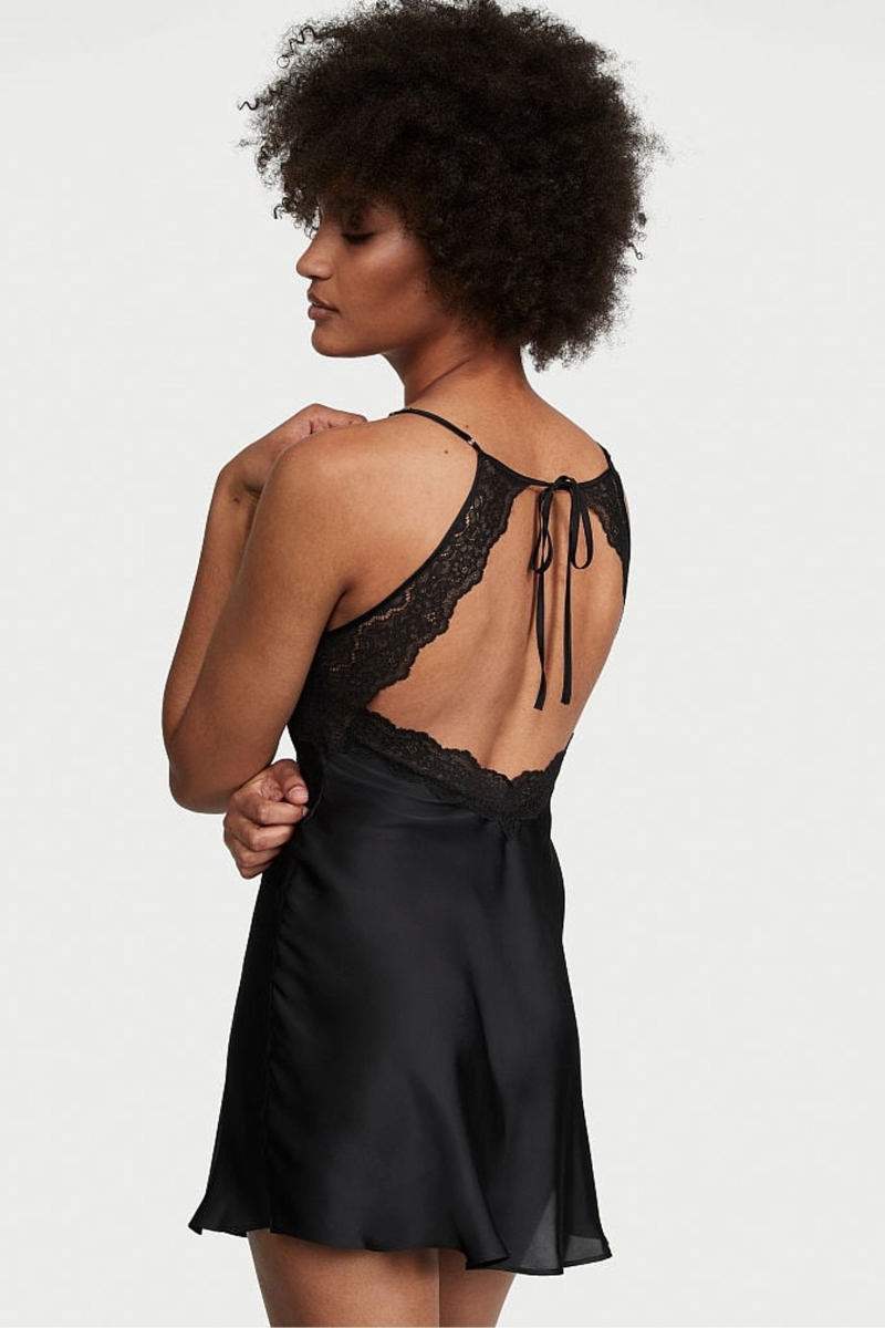 Victoria's Secret Cipkovane Plunge OpenBack Slip Čierne | SK-7283JAE