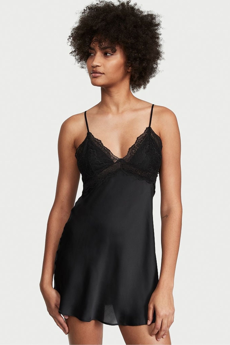 Victoria\'s Secret Cipkovane Plunge OpenBack Slip Čierne | SK-7283JAE