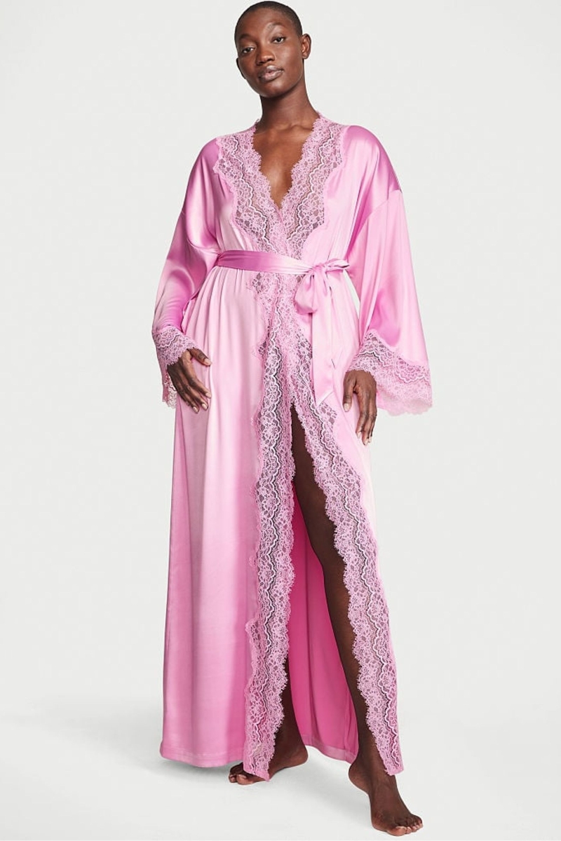 Victoria\'s Secret Cipkovane Trim Satin Long Robe Ruzove | SK-0138JFK