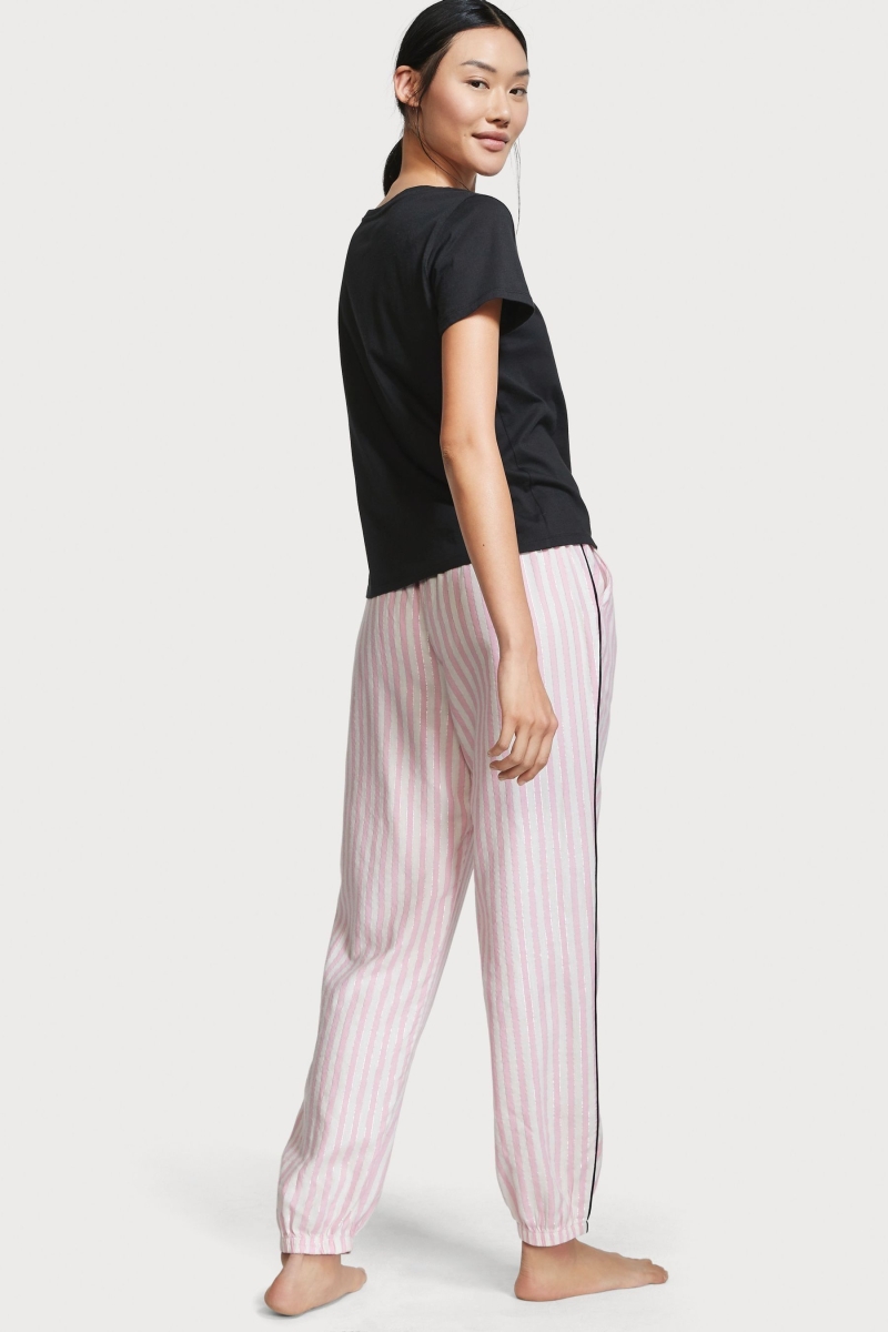 Victoria's Secret Kratke Sleeve T-Shirt Flannel Pyjamas Ruzove Pruhované | SK-1698JKB
