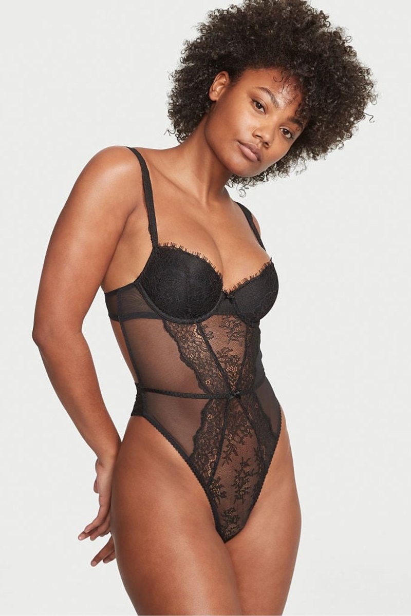 Victoria\'s Secret Lightly Podsite Demi Cipkovane Bodysuit Čierne | SK-7836VMU