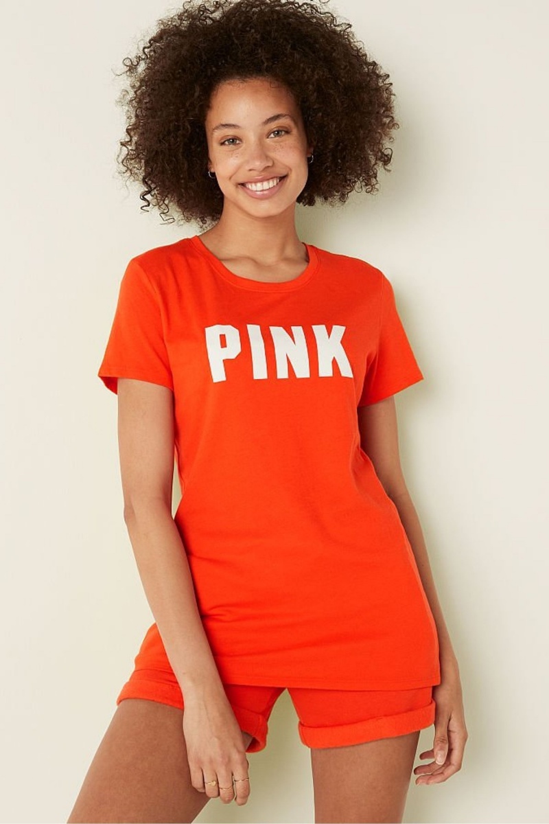 Victoria\'s Secret Logo Kratke Sleeve T-Shirt Bright Tomato Sans Logo | SK-1697KMT