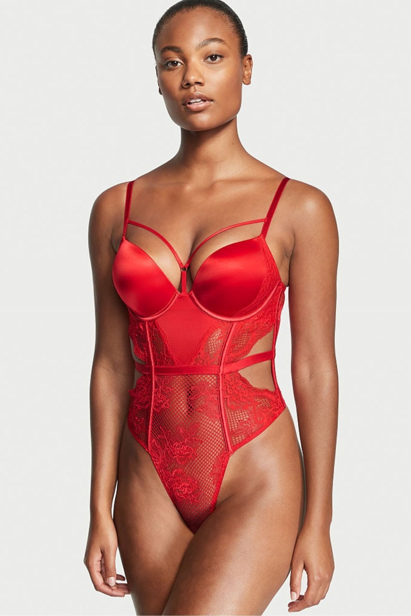 Victoria\'s Secret Luxe Lingerie Fishnet Bombshell Bodysuit Červené | SK-8697SME