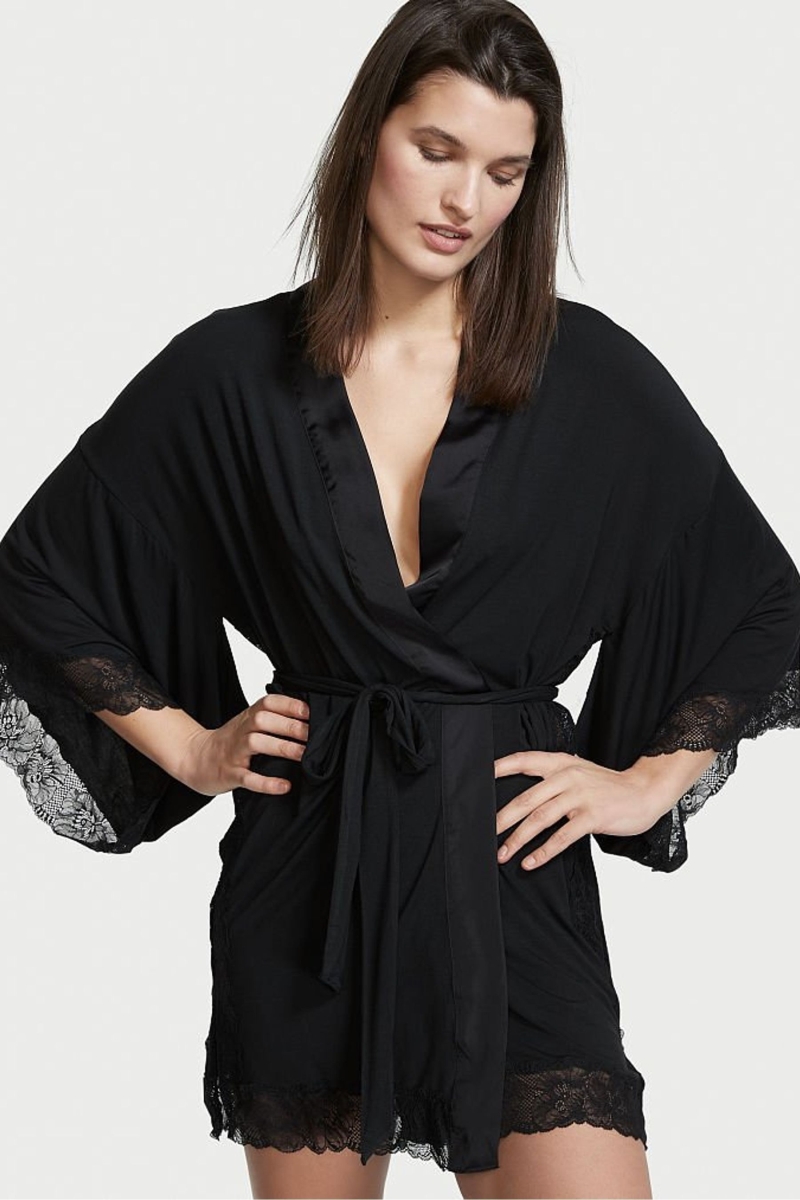 Victoria\'s Secret Modal Cipkovane Robe Čierne | SK-6157FKM