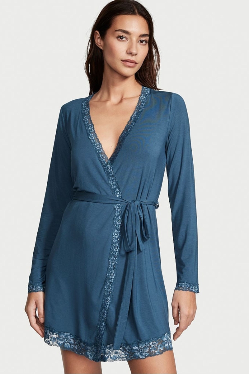 Victoria\'s Secret Modal Cipkovane Trim Robe Modre | SK-3689UZX