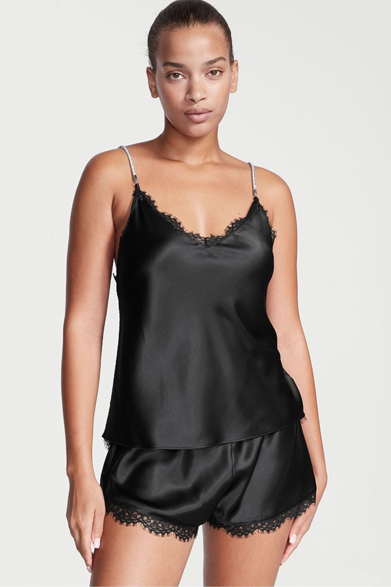 Victoria\'s Secret Satin Cipkovane Back Cami Set Čierne | SK-4796EJQ