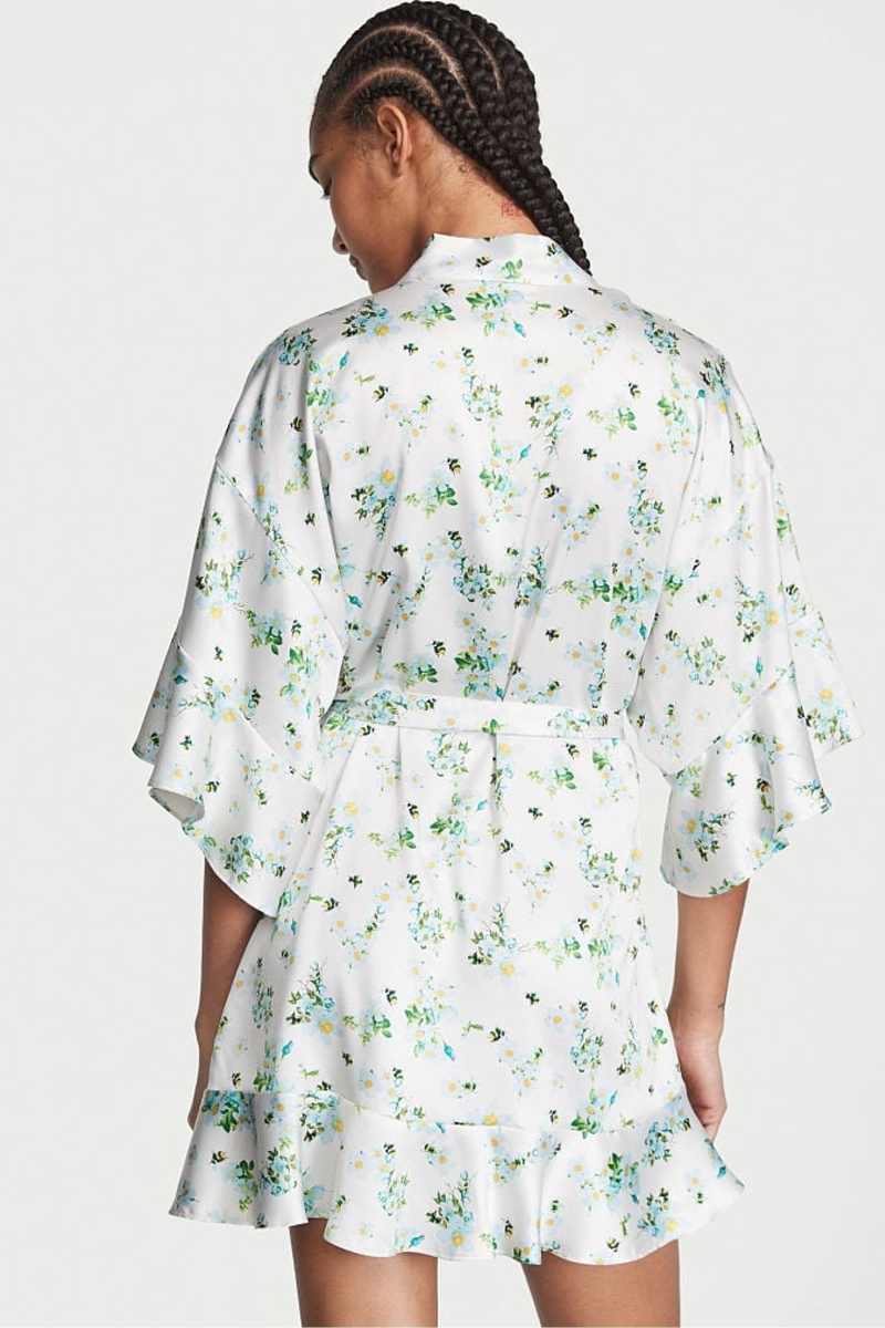 Victoria's Secret Satin Flounce Robe Honeybee Floral Print | SK-4193LME