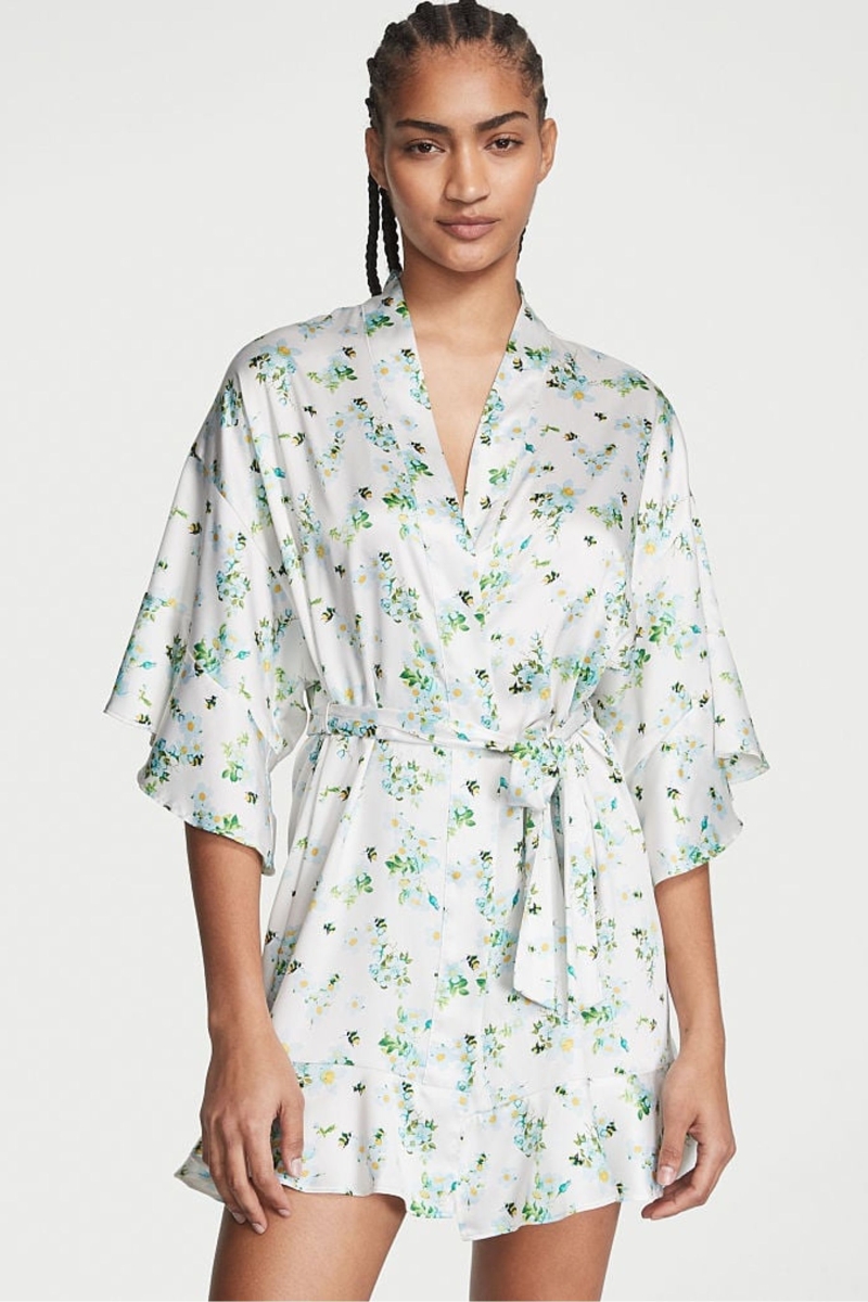 Victoria\'s Secret Satin Flounce Robe Honeybee Floral Print | SK-4193LME