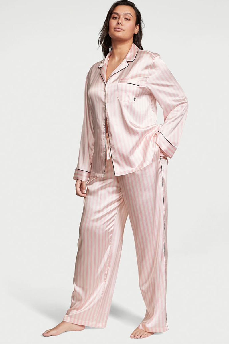 Victoria\'s Secret Satin Long Pyjama Set Pruhované Ruzove | SK-2748CGV