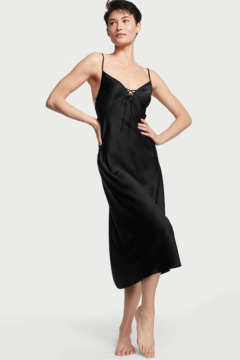 Victoria\'s Secret Satin Midi Slip Čierne | SK-2583GYA