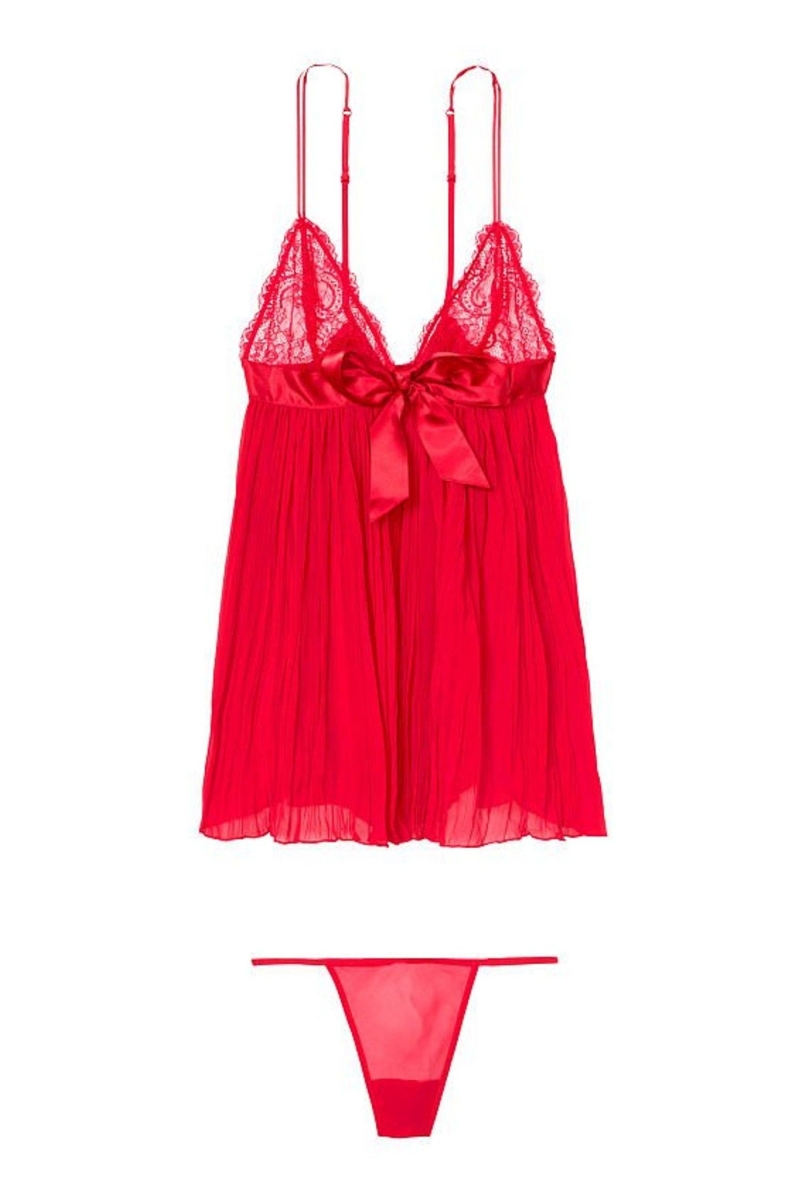 Victoria's Secret Sheer Plisované Babydoll Červené | SK-3028WFT