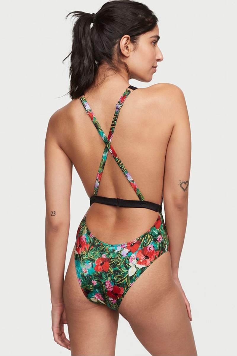 Victoria's Secret Shine Remienkove Plunge One Piece Swimsuit Čierne | SK-5238OBC