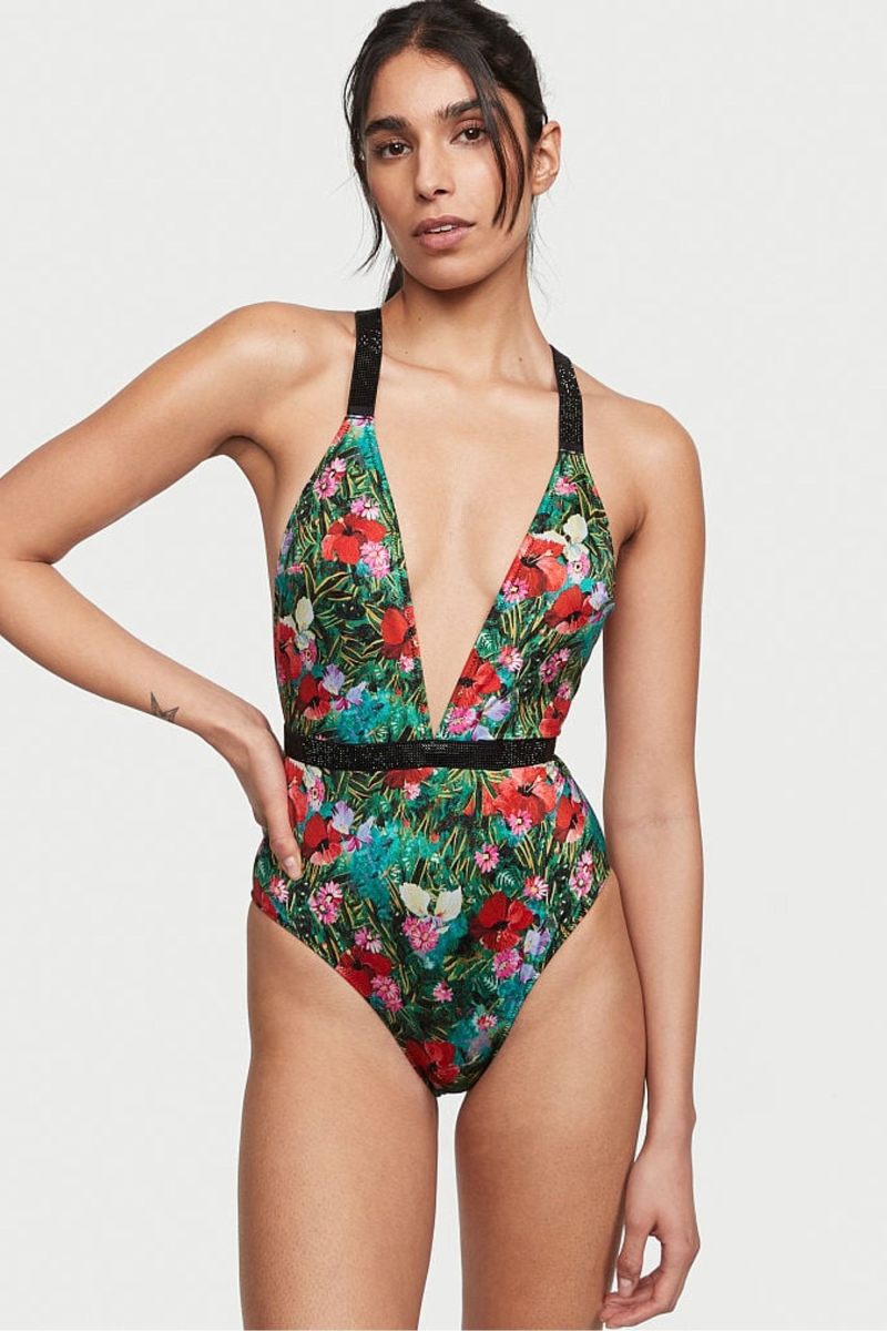 Victoria\'s Secret Shine Remienkove Plunge One Piece Swimsuit Čierne | SK-5238OBC