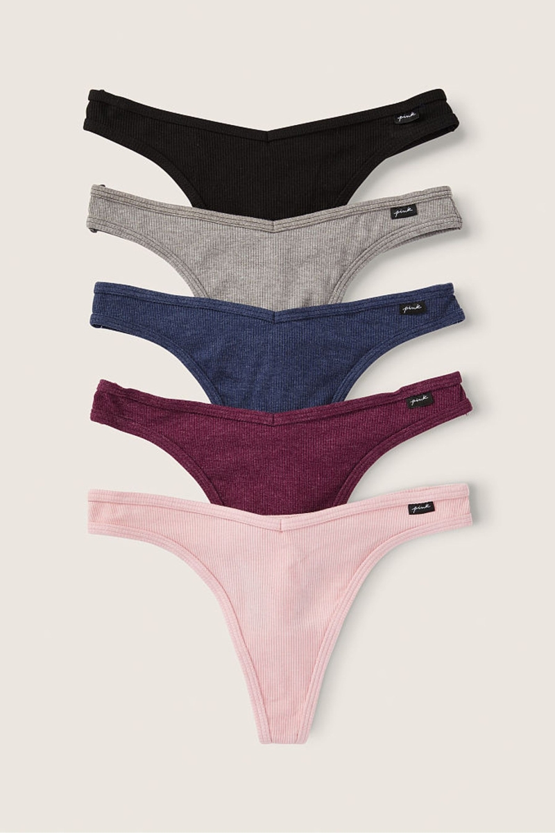 Victoria\'s Secret Stretch Bavlnene Bavlnene Tanga Nohavičky 5 Pack Black/Grey/Blue/Burgundy/Pink | SK-1369LTK