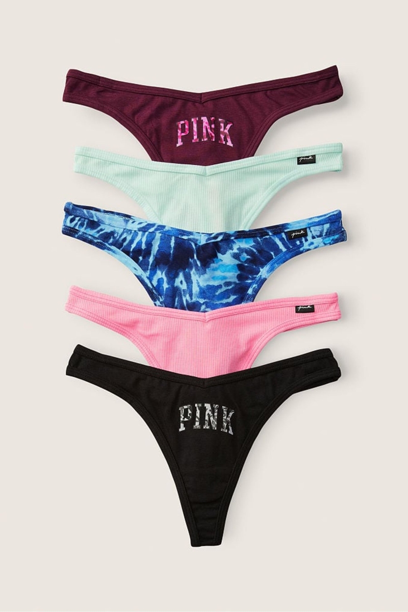 Victoria\'s Secret Stretch Bavlnene Bavlnene Tanga Nohavičky 5 Pack Black/Grey/Blue/Burgundy/Pink | SK-8964IKT