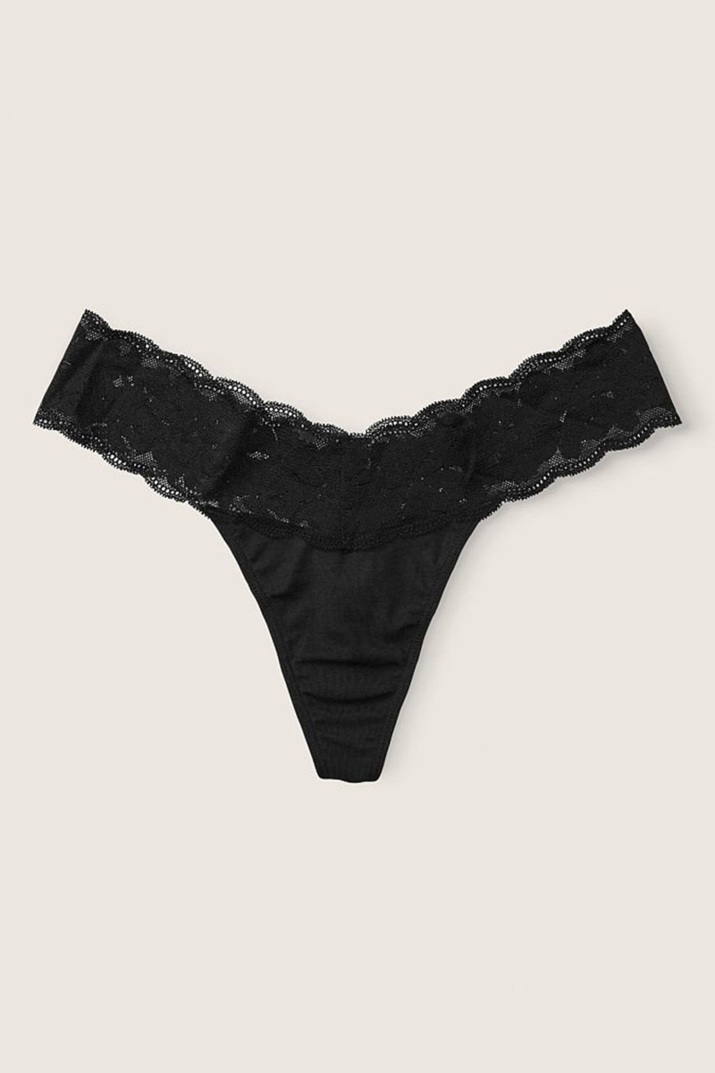 Victoria\'s Secret Stretch Bavlnene Cipkovane Trim Tanga Nohavičky Čierne | SK-9310RSQ