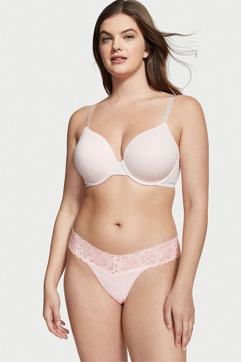 Victoria\'s Secret Stretch Bavlnene Stretch Bavlnene Cipkovane Pásom Tanga Nohavičky Ruzove Pruhované | SK-8290FTY