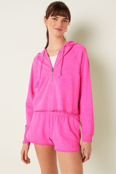 Victoria's Secret Bavlnene Slub Crop Cut Off Full Zip Hoodie Ruzove | SK-8423EMG