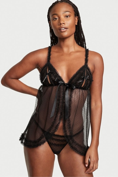 Victoria's Secret Ruffle Peekaboo Babydoll Čierne | SK-0351WKE